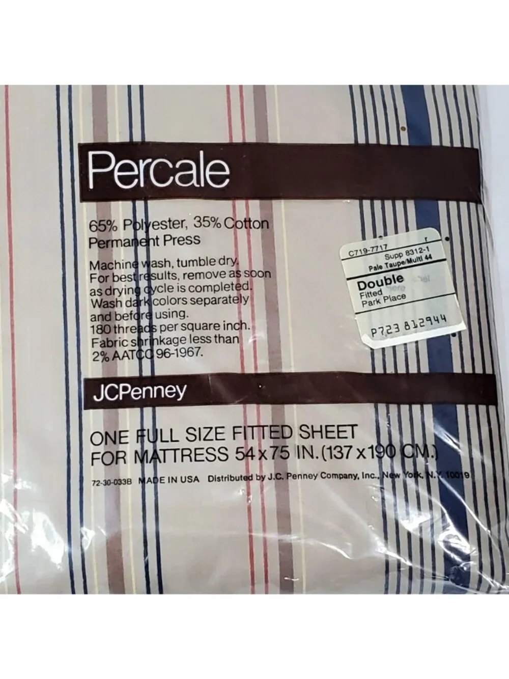 VTG JC Penney Percale Full Size Fitted Sheet Pale Taupe Multi Striped USA